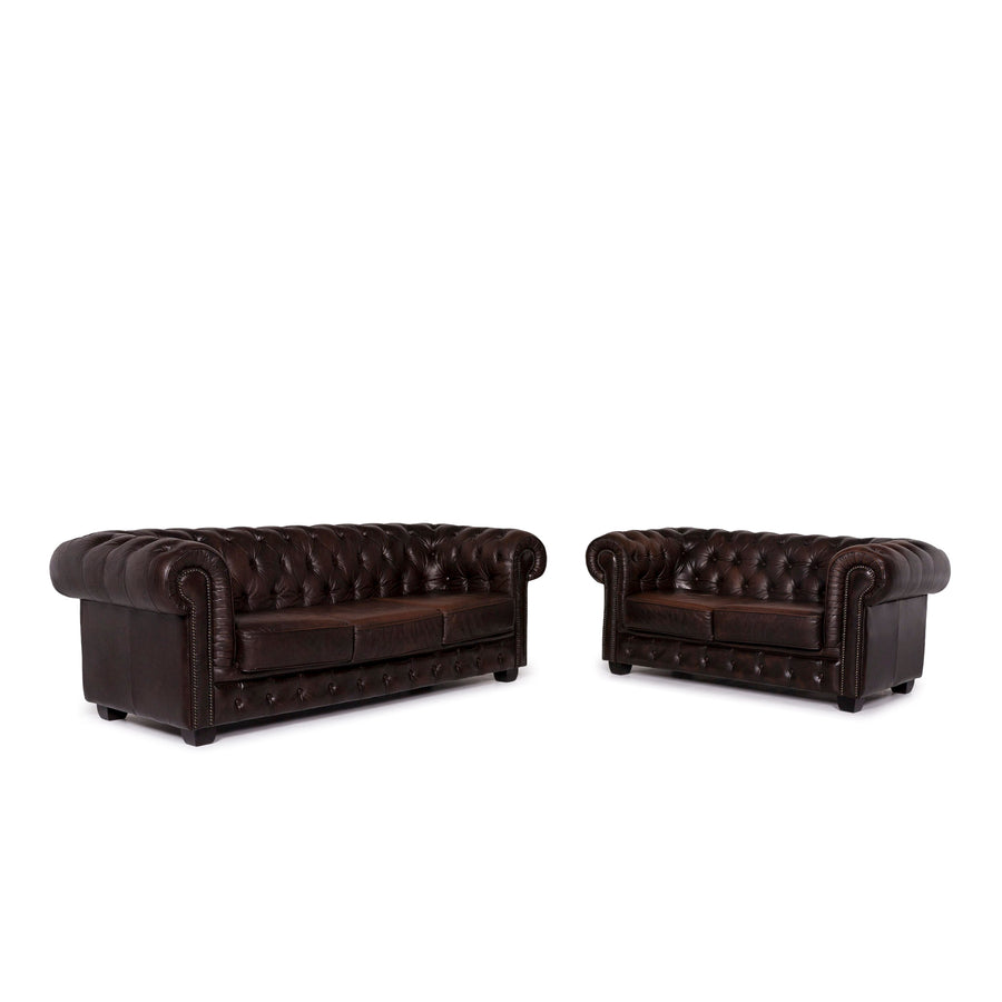 Chesterfield leather sofa set brown 1x three-seater 1x two-seater couch #12169