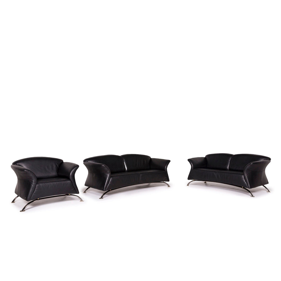 Musterring leather sofa set black 1x three-seater 1x two-seater 1x armchair #12172