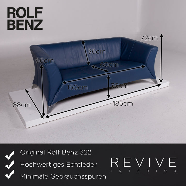Rolf Benz 322 Leder Sofa Garnitur Blau Dreisitzer #11726