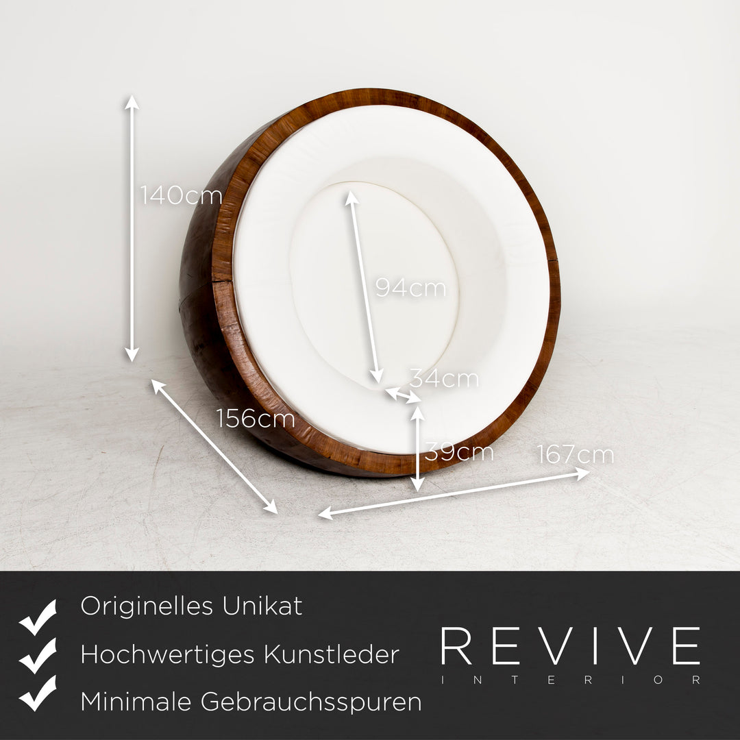Kokosnuss Sessel mit Hocker Einzelstück Unikat Kunstleder Leder Optik Weiß Braun Holz Handarbeit Handgefertigt Outdoor #8861