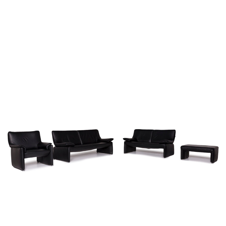 Laaus leather sofa set black 1x three-seater 1x two-seater 1x armchair 1x stool #11506