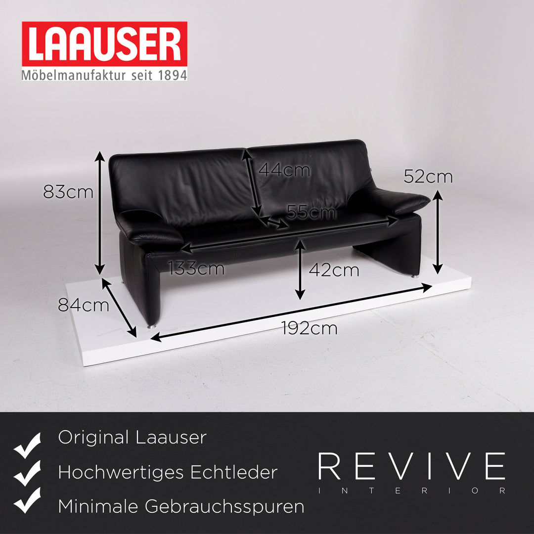 Laauser Leder Sofa Garnitur Schwarz 1x Dreisitzer 1x Zweisitzer 1x Sessel 1x Hocker #11506
