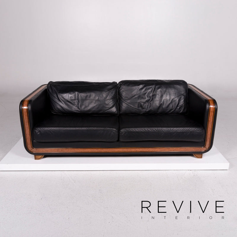 Nieri Leder Sofa Schwarz Dreisitzer Couch Holz 