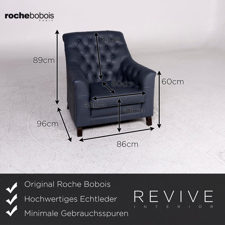 Roche Bobois Leder Sessel Grau Blau Retro #9731