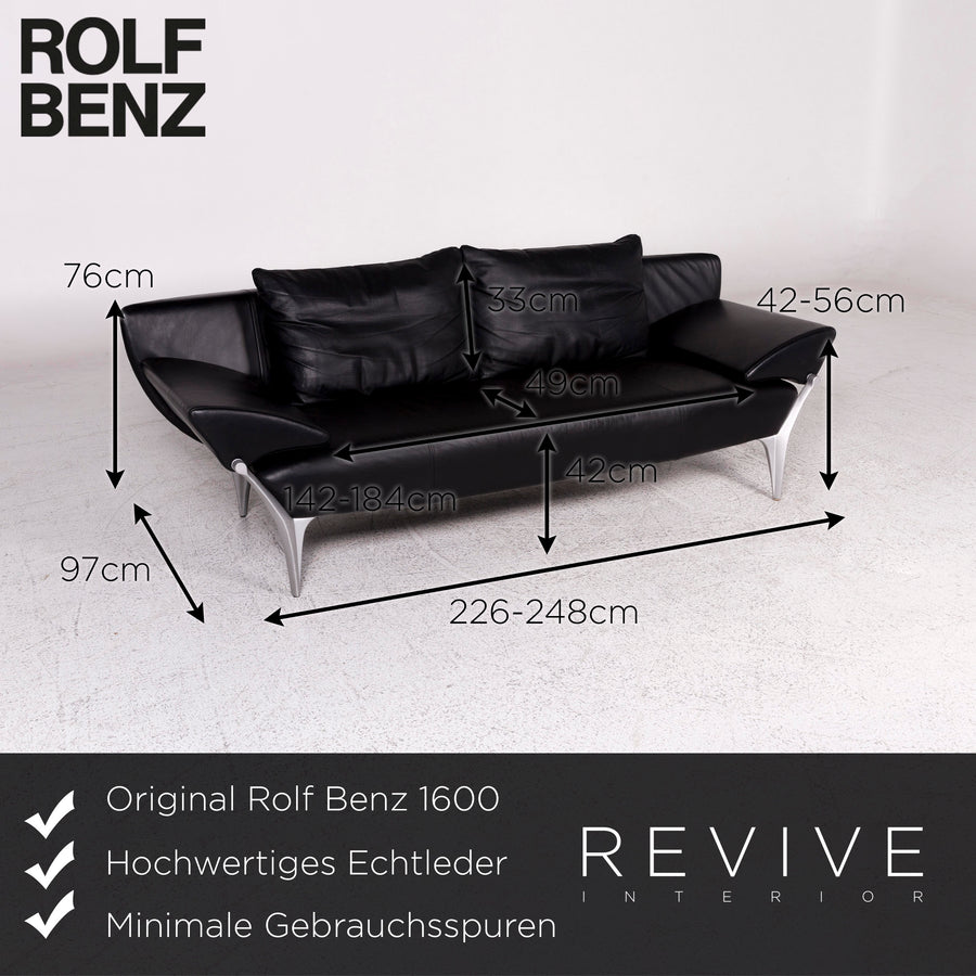 Rolf Benz 1600 leather sofa black three-seater function couch #10097