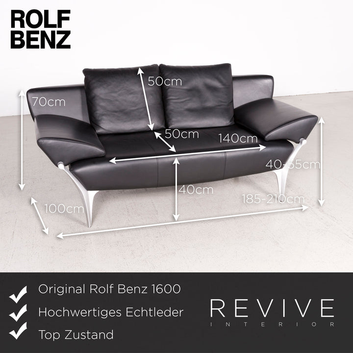 Rolf Benz 1600 Designer Leder Sofa Schwarz Echtleder Zweisitzer Couch #7923