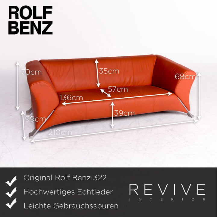Rolf Benz 322 Leder Sofa Orange Echtleder Dreisitzer Couch #8577