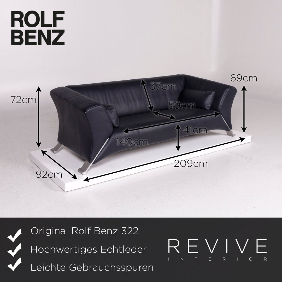 Rolf Benz 322 Leder Sofa Blau Dunkelblau Dreisitzer Couch #12078