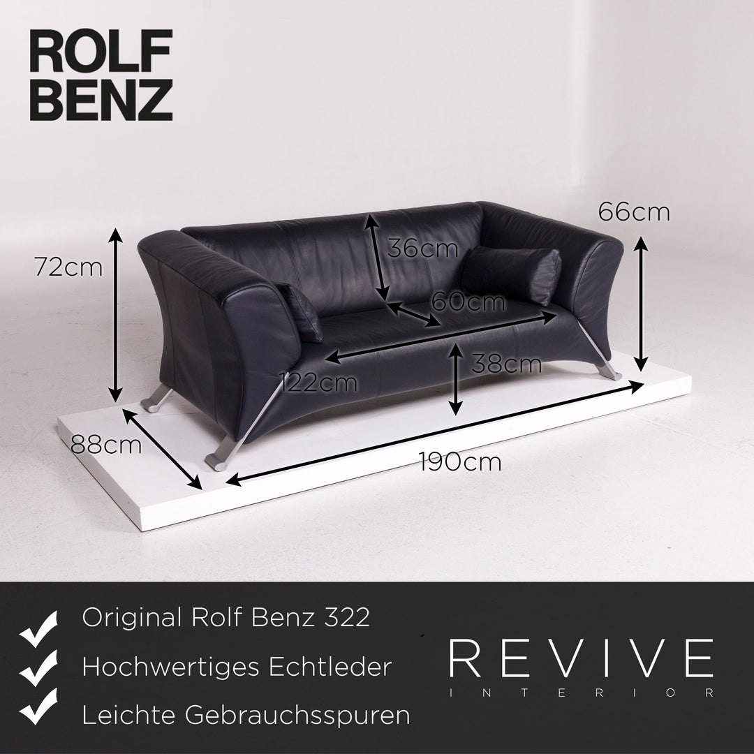 Rolf Benz 322 Leder Sofa Blau Dunkelblau Zweisitzer Couch #12081