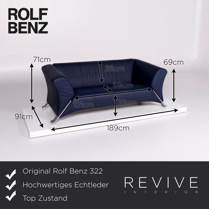 Rolf Benz 322 leather sofa blue two-seater couch #10517