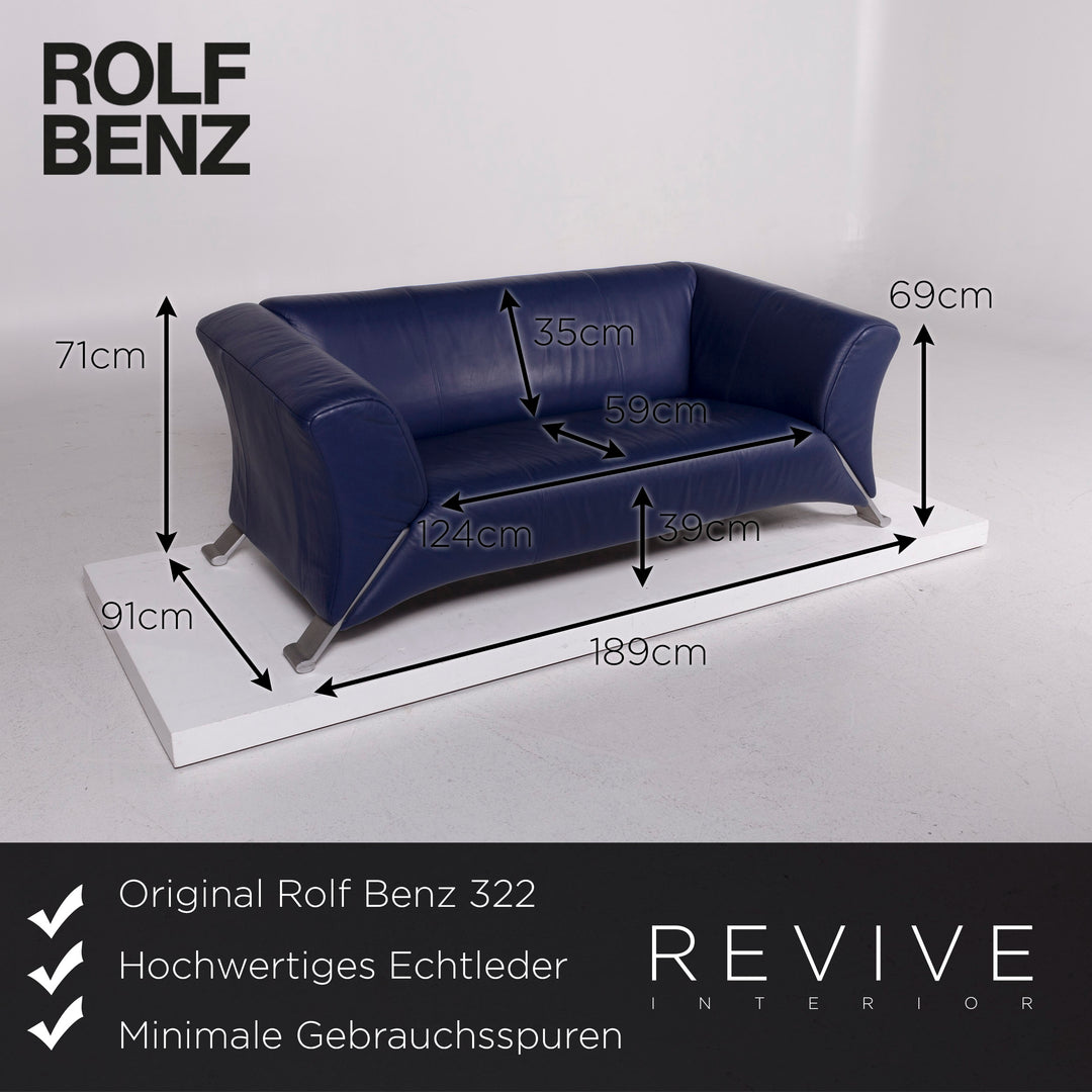Rolf Benz 322 Leder Sofa Blau Zweisitzer Couch #11647