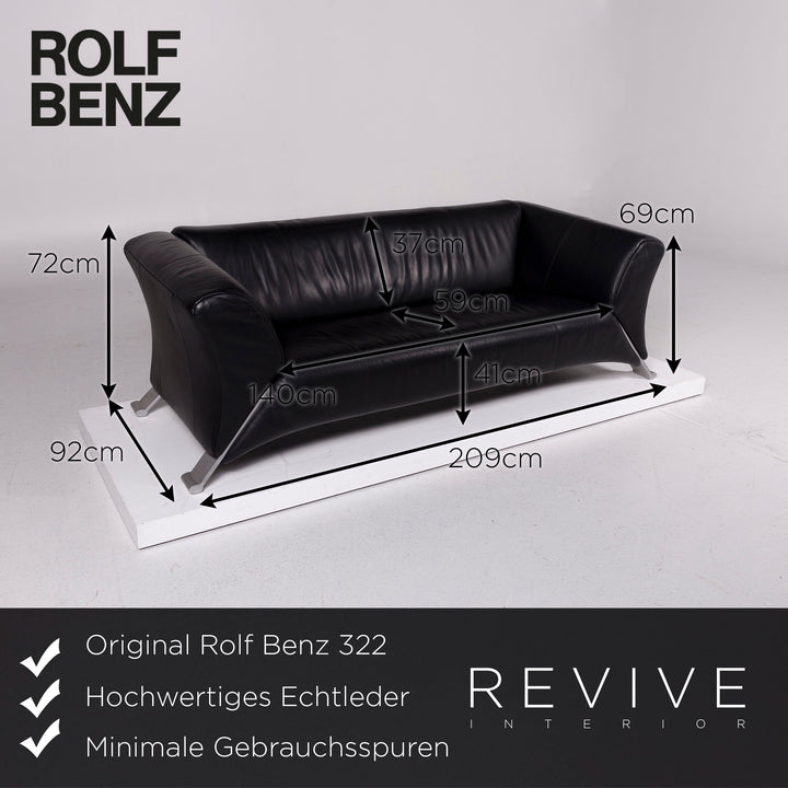 Rolf Benz 322 Leder Sofa Schwarz Dreisitzer Couch #11843