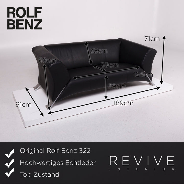 Rolf Benz 322 Leder Sofa Schwarz Dreisitzer #11234