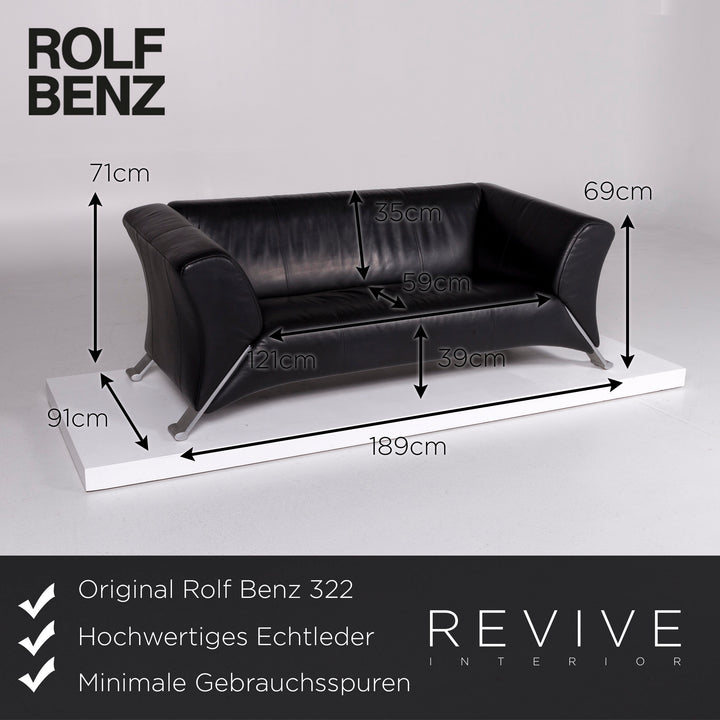 Rolf Benz 322 Leder Sofa Schwarz Zweisitzer Couch #10491