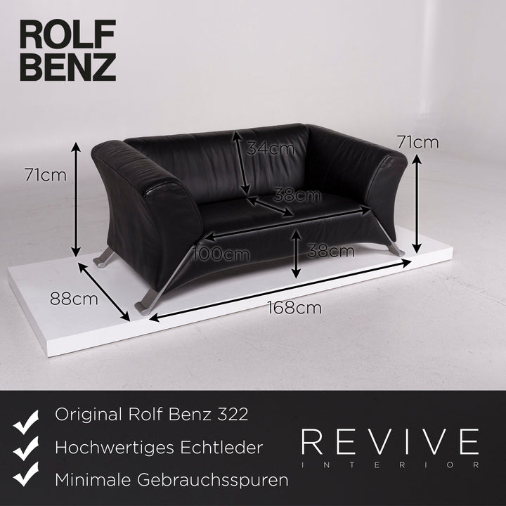 Rolf Benz 322 Leder Sofa Schwarz Zweisitzer Couch #11835
