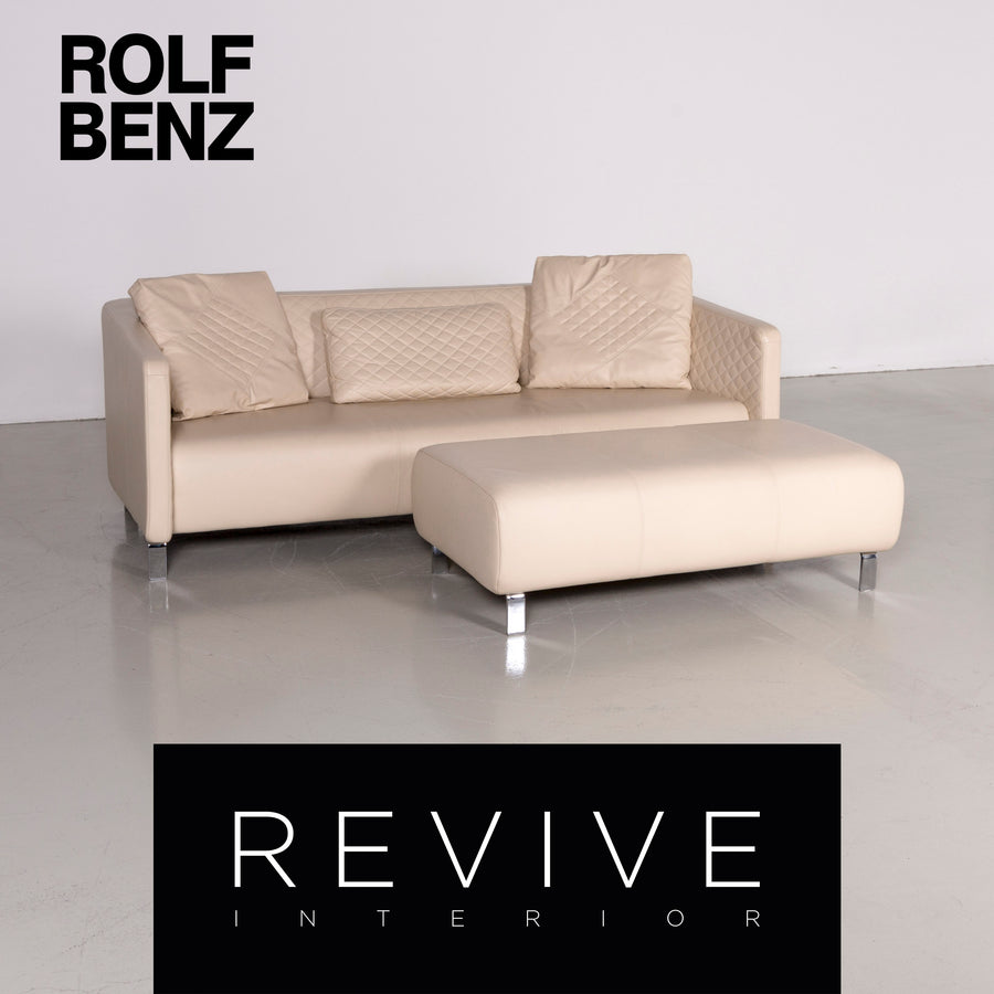 Rolf Benz 325 designer leather sofa stool set beige real leather three-seater couch #7309