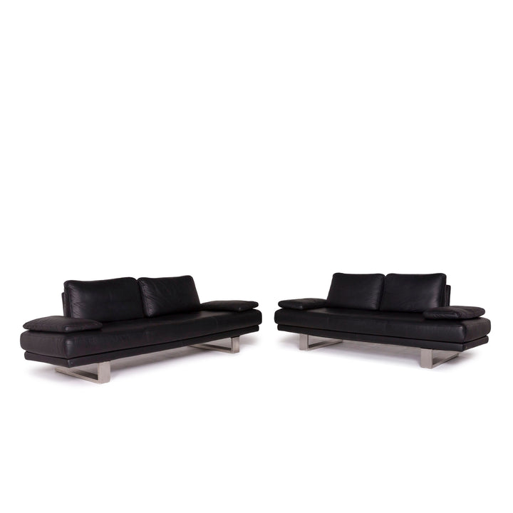 Rolf Benz 6600 leather sofa set black 1x three-seater 1x two-seater #11845
