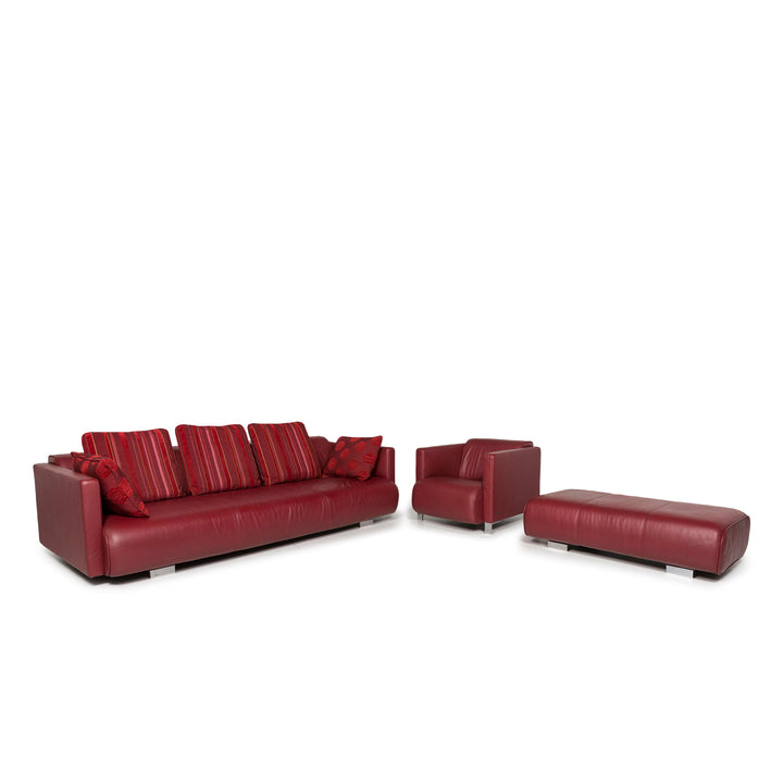 Rolf Benz leather sofa set red 1x three-seater 1x armchair 1x stool #12047