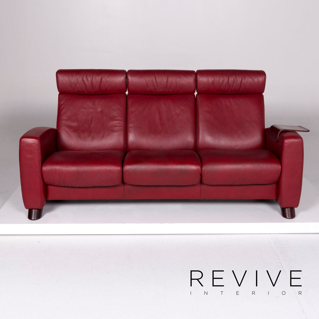Stressless Arion Leather Sofa Red Three Seater Relaxation Function Couch #10409