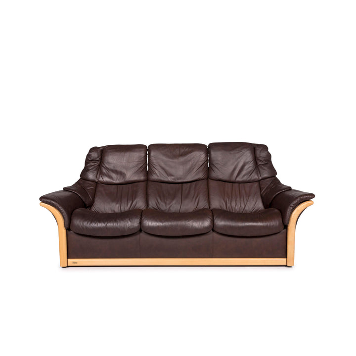 Stressless Leather Wood Sofa Brown Dark Brown Three Seater Couch #10878