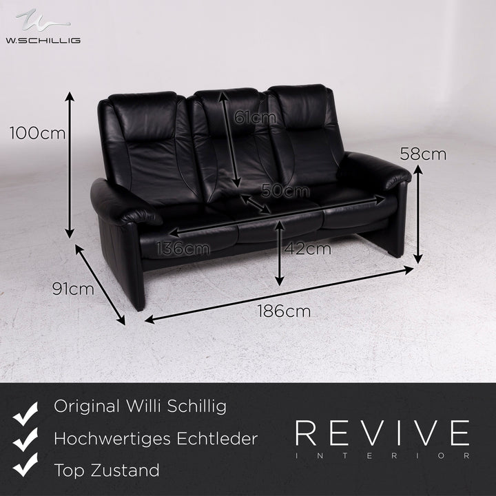Willi Schillig designer leather sofa set black 1x three-seater 1x two-seater 1x armchair #9757