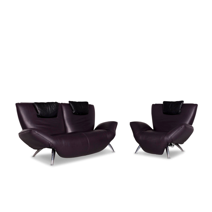 Leolux Panta Rhei leather sofa set Aubergine Violett 1x two-seater 1x armchair electric function #10374