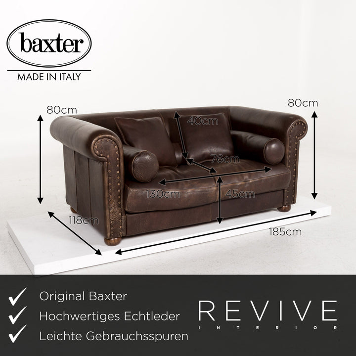 Baxter Alfred Leather Sofa Brown Dark Brown Two Seater Couch Retro Chesterfield #13338