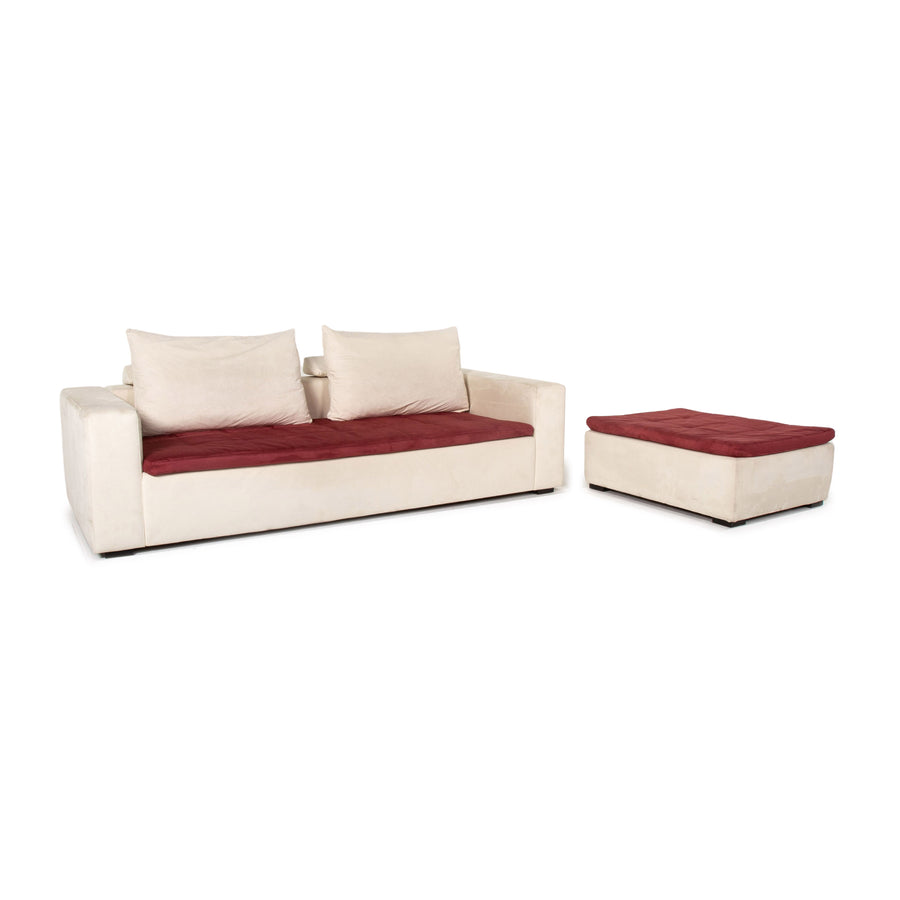 BoConcept Mezzo Alcantara Stoff Sofa inkl. Hocker Creme Weinrot Dreisitzer Couch #12451