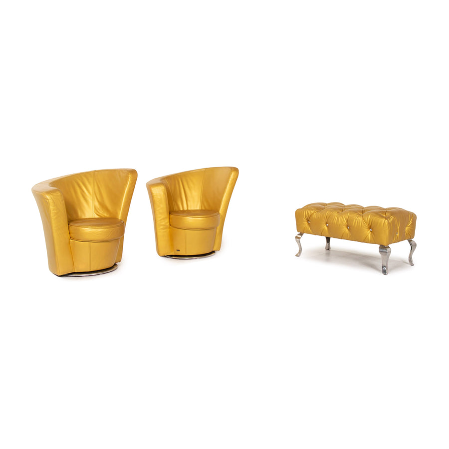 Bretz EVES ISLAND leather armchair set gold 2x armchair 1x stool swivel #13551