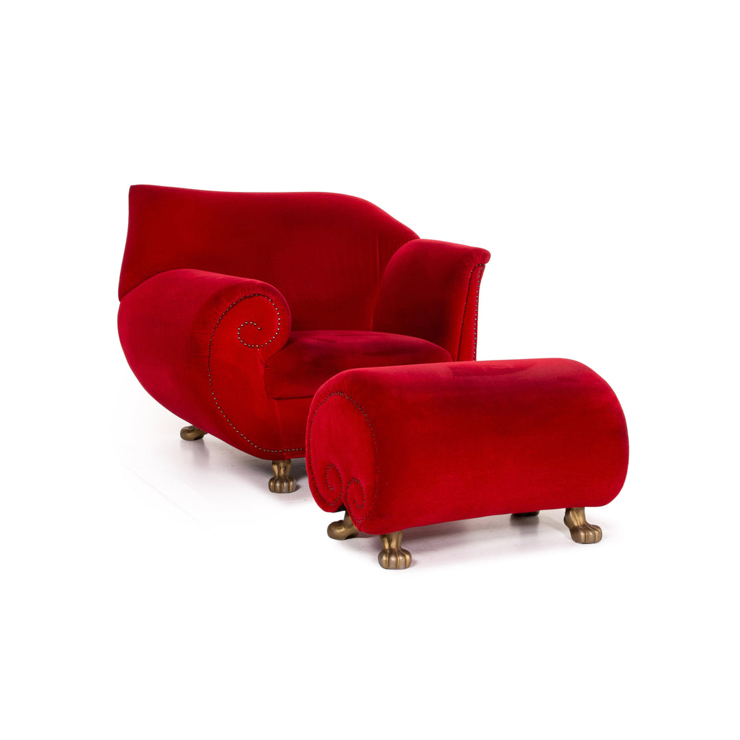 Ensemble de fauteuils en tissu velours Bretz Gaudi rouge 1x fauteuil 1x tabouret #15520