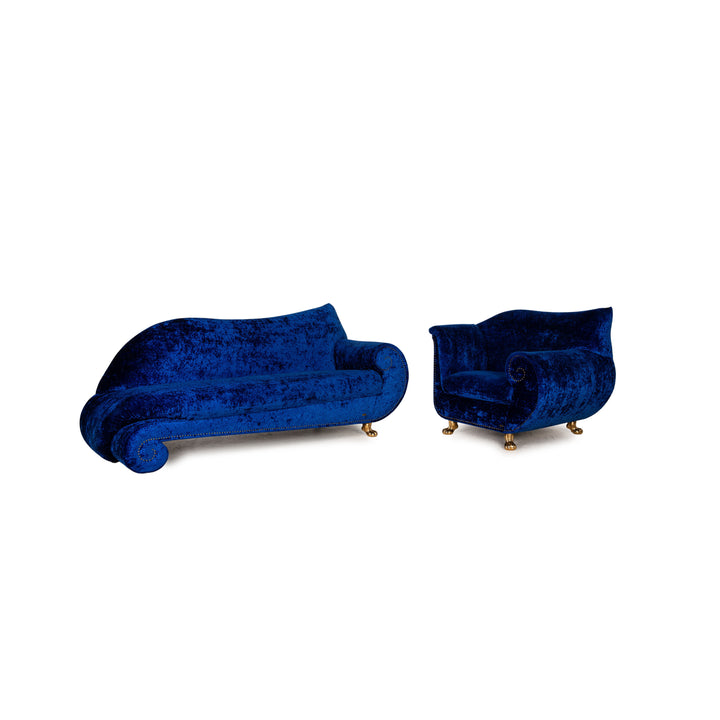 Ensemble de canapés en tissu velours Bretz Gaudi, fauteuil trois places bleu