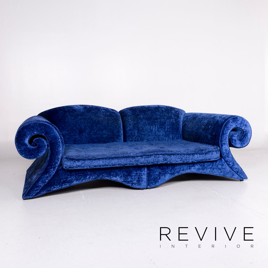 Bretz Mammut Samt Stoff Sofa Blau Viersitzer Couch#10786