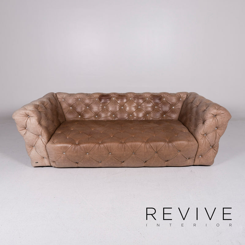 Bretz Marilyn Leder Sofa Garnitur Braun 1x Bett 1x Dreisitzer Kaptionierung Glitzersteine Pompös 