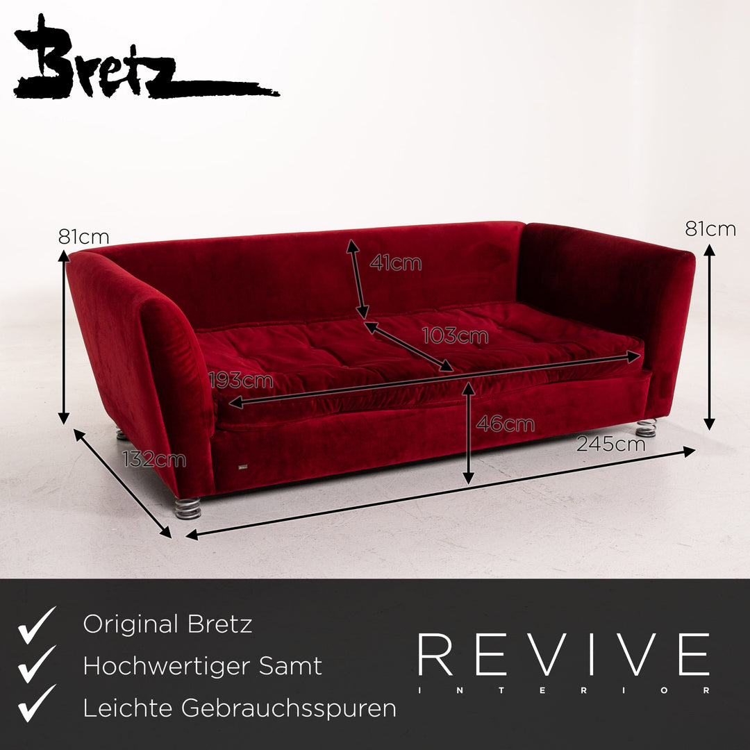 Bretz Monster Velvet Fabric Sofa Red Dark Red Three Seater Couch #15171