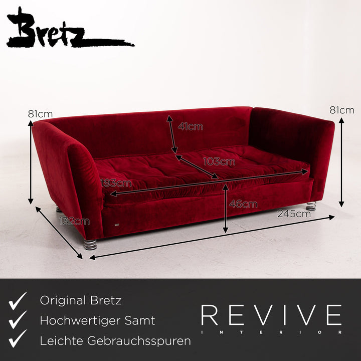 Bretz Monster Velvet Fabric Sofa Red Dark Red Three Seater Couch #15171