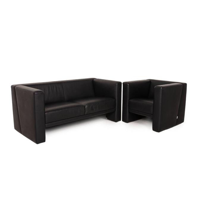 Brühl Visavis leather sofa set black 1x two-seater 1x armchair couch