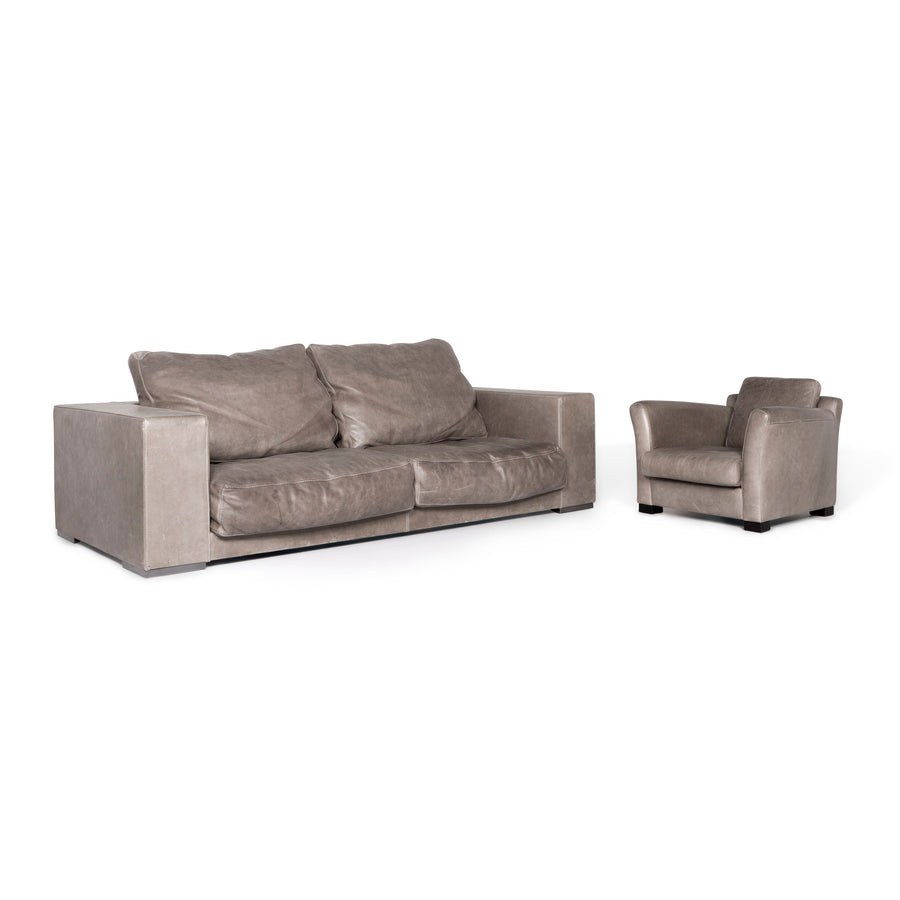 Baxter Budapest Diner Designer Leather Sofa Set Gray Three Seater Armchair #8955
