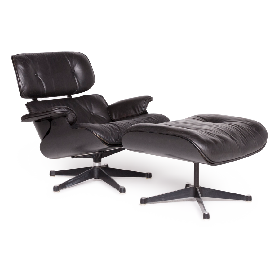 Vitra Eames Lounge Chair mit Ottoman Designer Leder Sessel Schwarz Echtleder Stuhl mit Hocker #7449