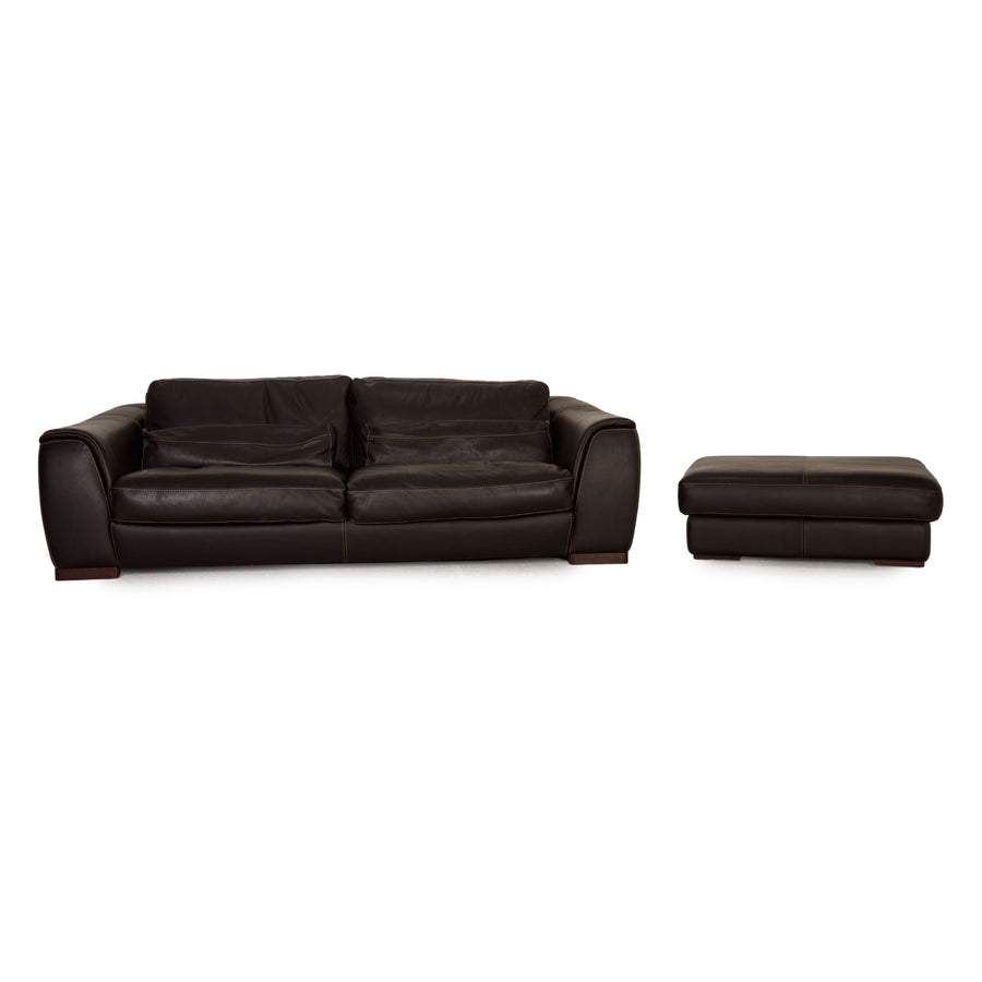 Calia Fjord Leder Sofa Garnitur Dunkelbraun Dreisitzer Hocker