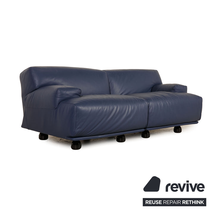 Cassina Fiandra Leather Loveseat Blue Sofa Couch