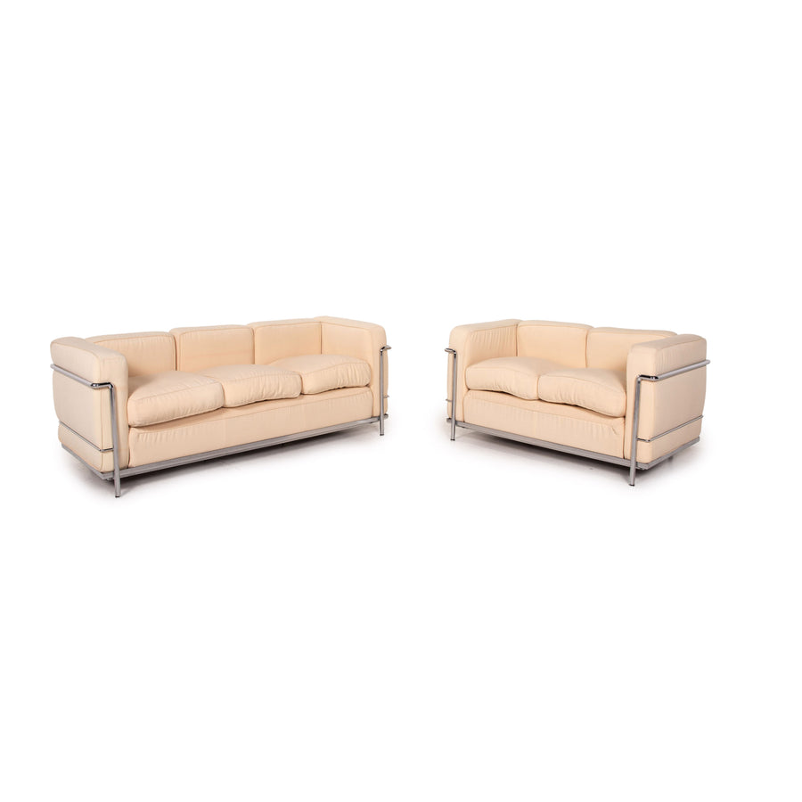 Cassina LC 4 Le Corbusier fabric sofa set beige 1x three-seater 1x two-seater