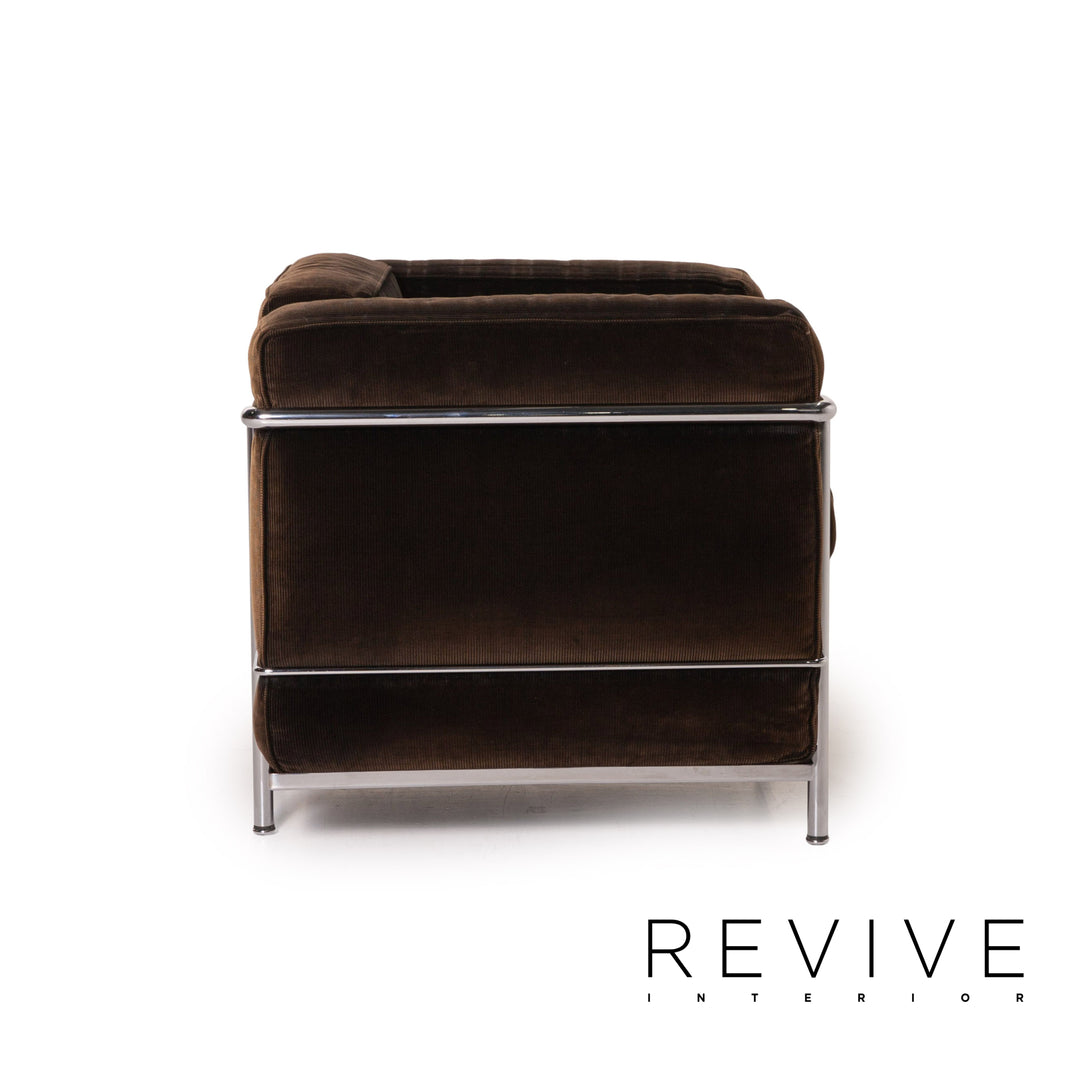 Cassina Le Corbusier LC 2 cord fabric armchair set brown dark brown vintage tubular steel 2x armchair