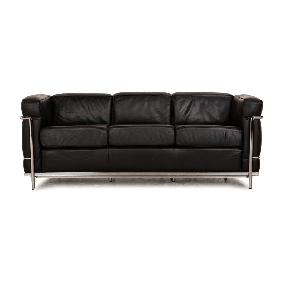Cassina Le Corbusier LC 2 Leather Three Seater Black Sofa Couch