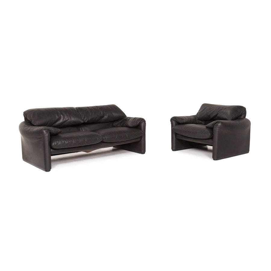 Ensemble canapé en cuir Cassina Maralunga noir 1x deux places 1x fauteuil #12726