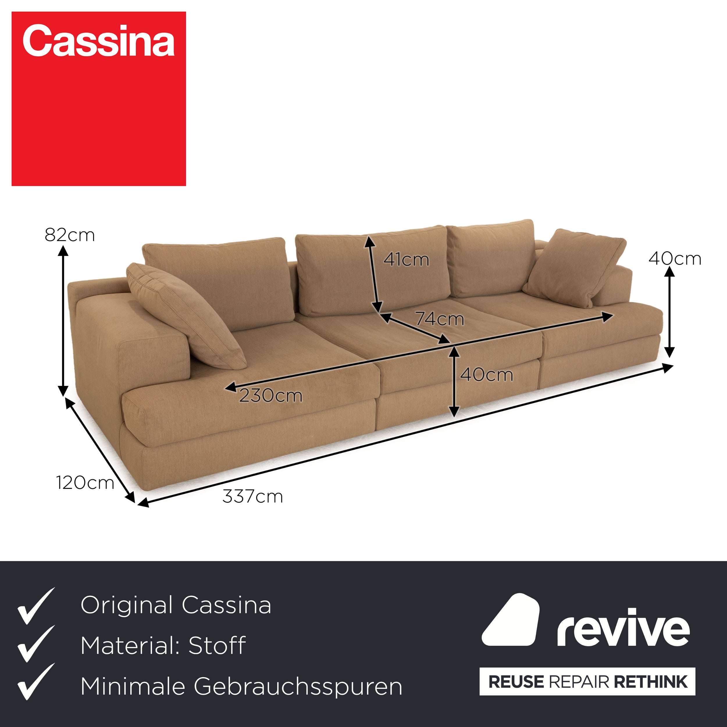 Cassina Meda Fabric Three Seater Beige Taupe Sofa Couch
