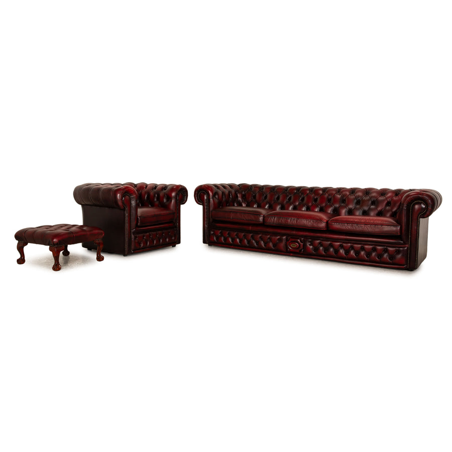 Chesterfield Buckingham Leder Sofa Garnitur Rot Braun Dreisitzer Sessel Hocker Vintage Sofa Couch