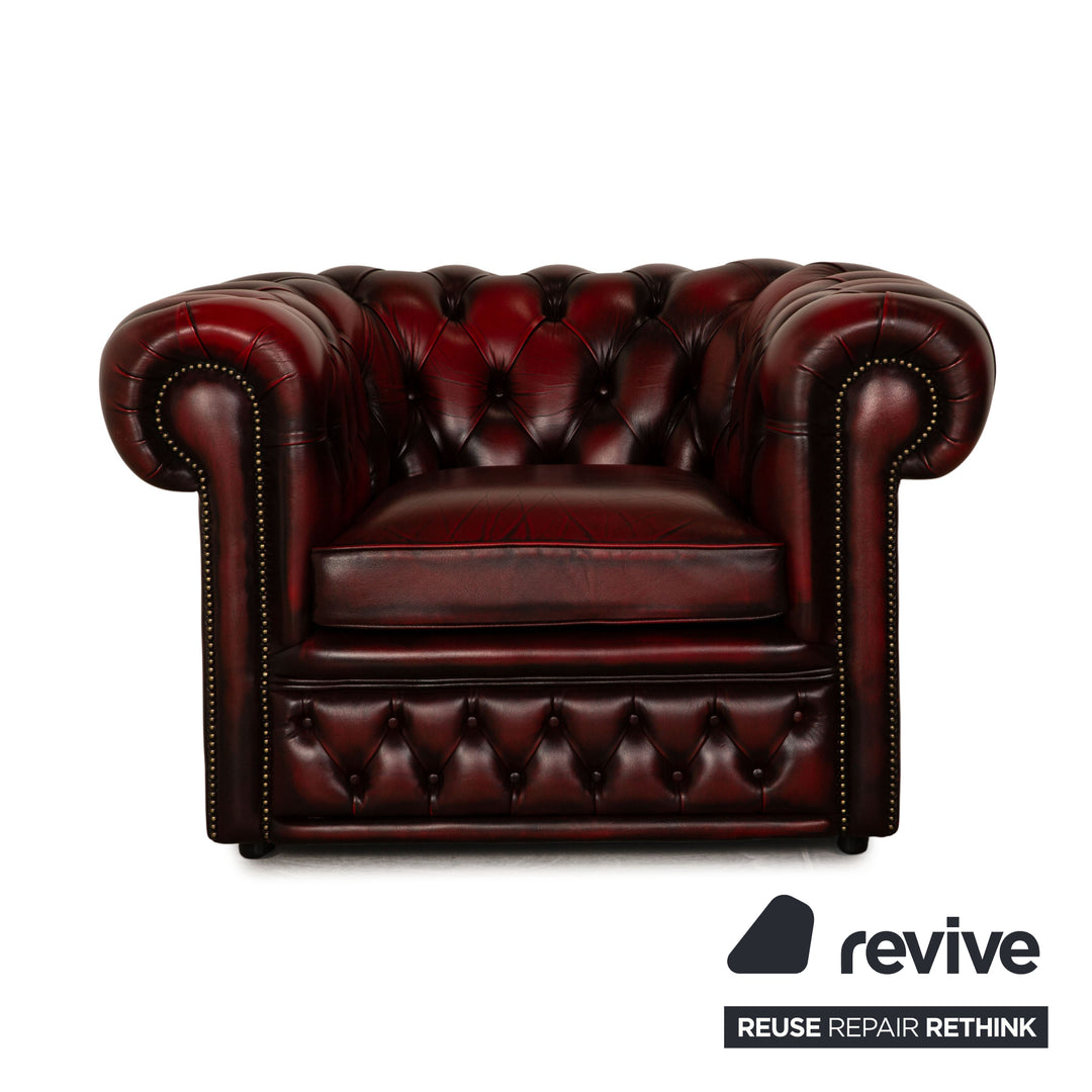 Chesterfield Buckingham Leder Sofa Garnitur Rot Braun Dreisitzer Sessel Hocker Vintage Sofa Couch
