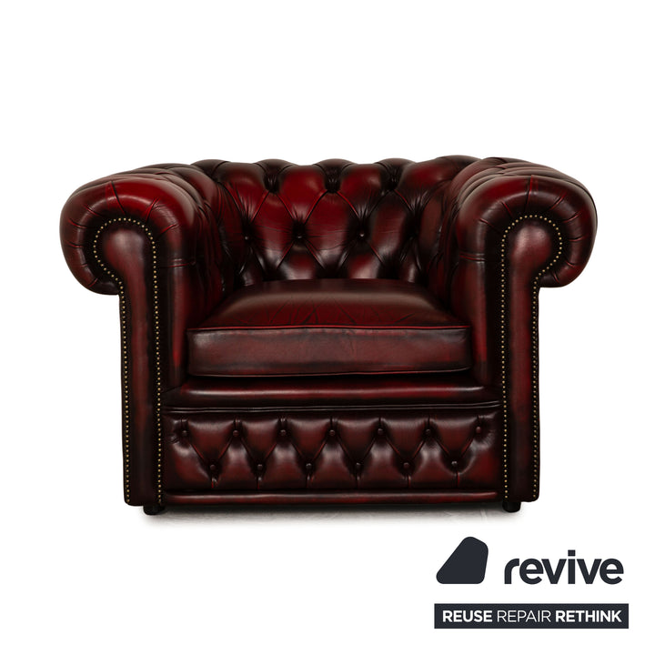 Chesterfield Buckingham Leder Sofa Garnitur Rot Braun Dreisitzer Sessel Hocker Vintage Sofa Couch