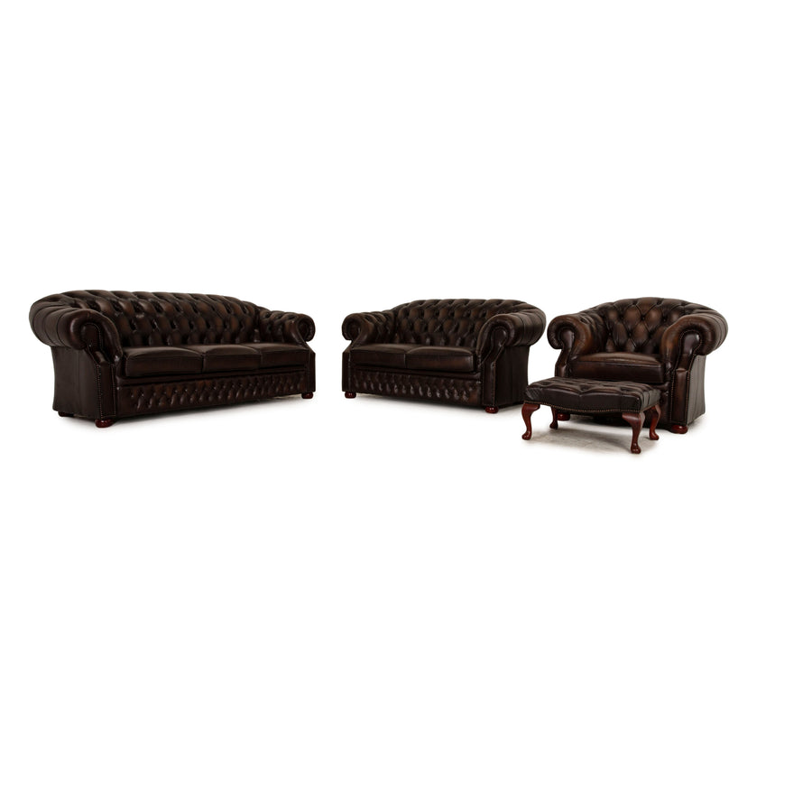 Centurion Chesterfield Leder Sofa Garnitur Braun Zweisitzer  Dreisitzer Sessel Hocker