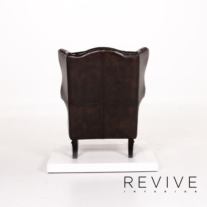 Chesterfield Leder Sessel inkl. Hocker Dunkelbraun Braun Retro Vintage #13707